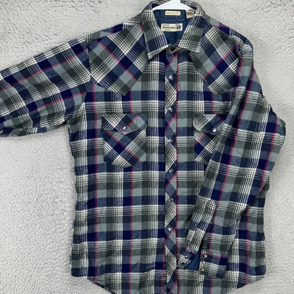 VINTAGE Roebucks Men Button Up Shirt Large 16-16.5 Blue Plaid Pearl Snap Pockets